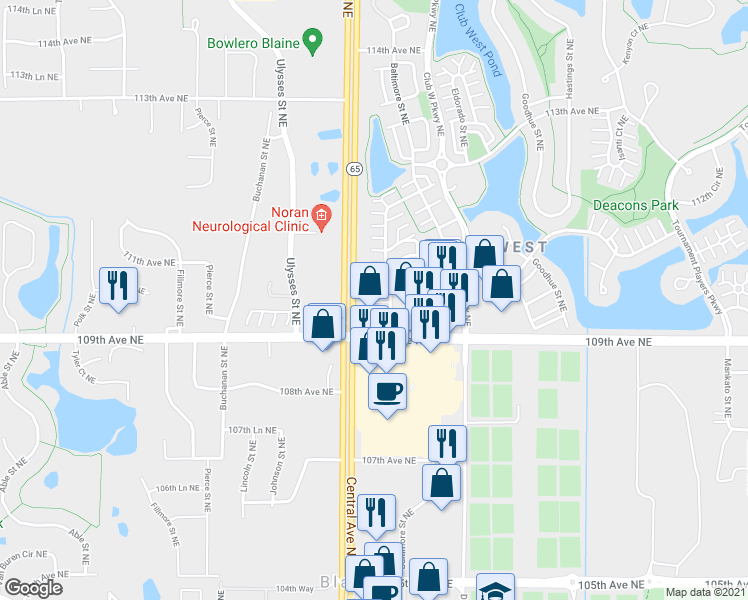 map of restaurants, bars, coffee shops, grocery stores, and more near 10964 Baltimore Street Northeast in Blaine