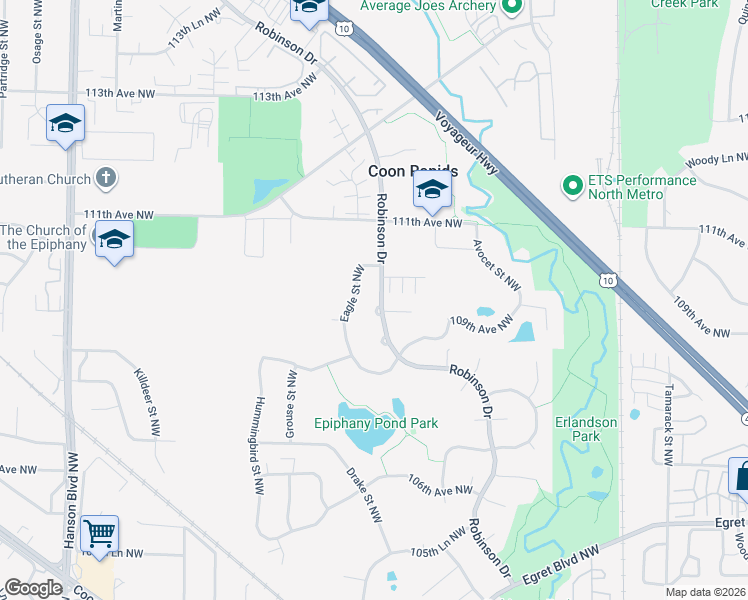 map of restaurants, bars, coffee shops, grocery stores, and more near 10982 Robinson Drive in Coon Rapids
