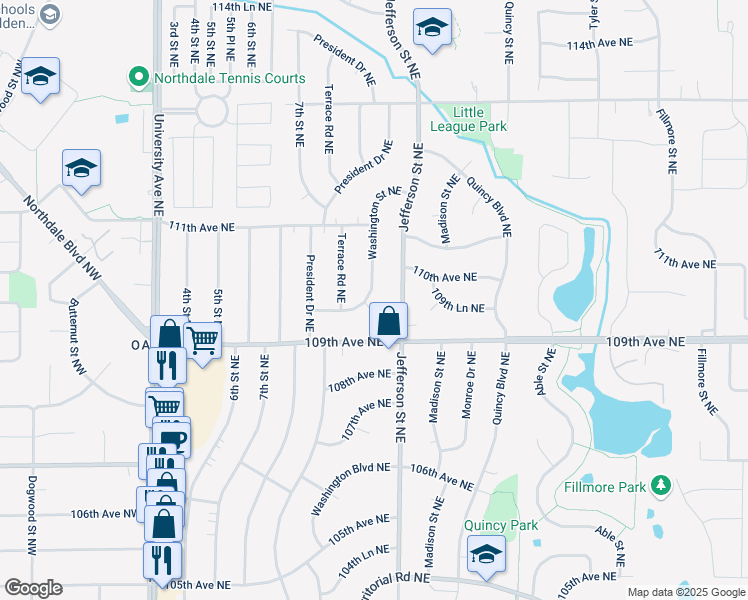 map of restaurants, bars, coffee shops, grocery stores, and more near 10953 Washington Street Northeast in Blaine