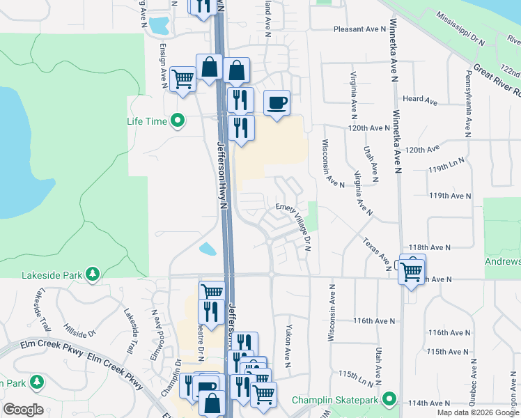 map of restaurants, bars, coffee shops, grocery stores, and more near 11929 Emery Village Drive North in Champlin