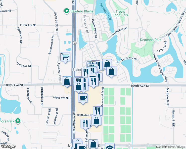 map of restaurants, bars, coffee shops, grocery stores, and more near 10950 Club West Parkway Northeast in Blaine