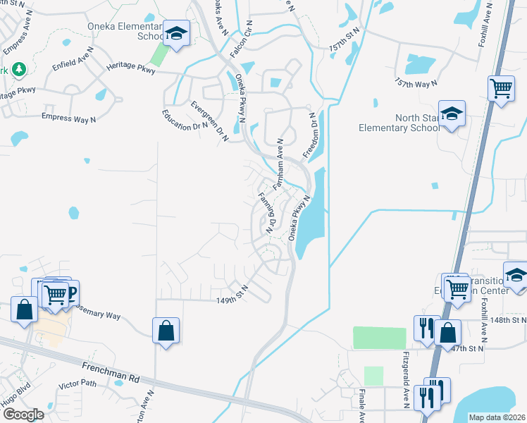 map of restaurants, bars, coffee shops, grocery stores, and more near 15146 Fanning Drive in Hugo