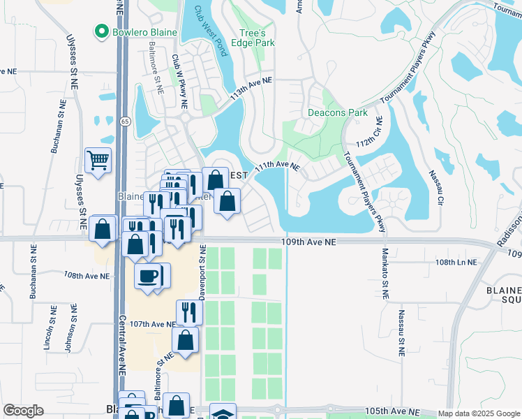 map of restaurants, bars, coffee shops, grocery stores, and more near 10970 Goodhue Street Northeast in Blaine