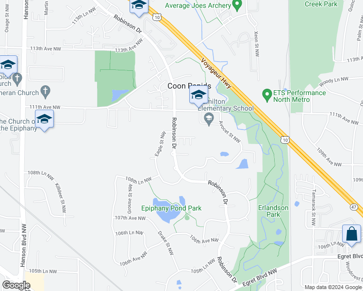 map of restaurants, bars, coffee shops, grocery stores, and more near 10958 Bluebird Street Northwest in Minneapolis