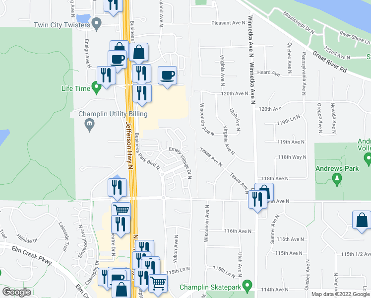 map of restaurants, bars, coffee shops, grocery stores, and more near 11808 Emery Village Drive North in Champlin
