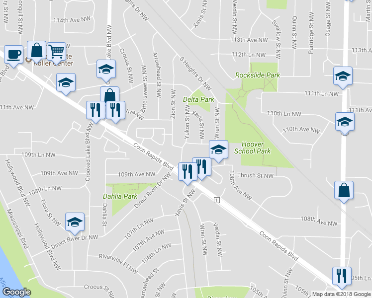 map of restaurants, bars, coffee shops, grocery stores, and more near 10951 Yukon Street Northwest in Coon Rapids