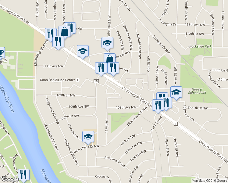 map of restaurants, bars, coffee shops, grocery stores, and more near 2710 110th Lane Northwest in Coon Rapids