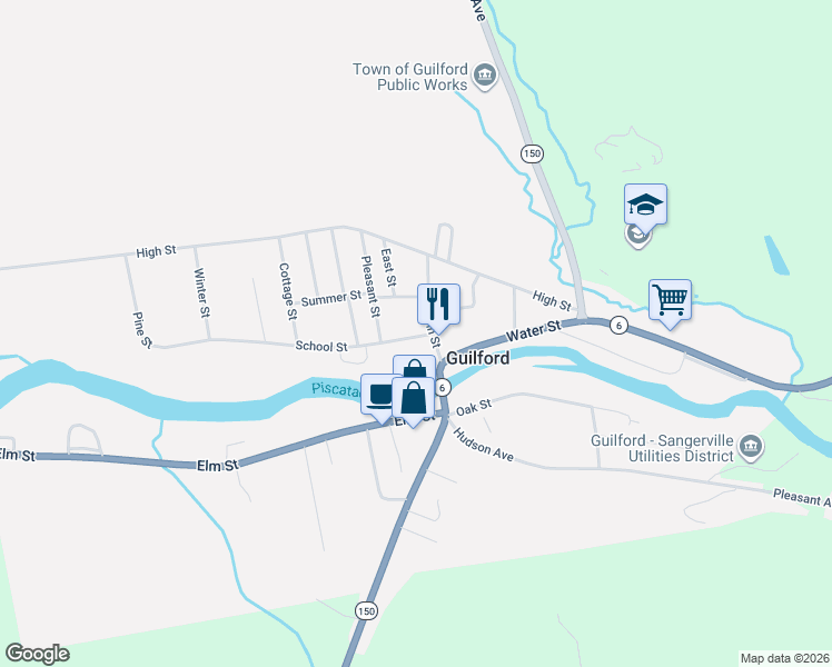 map of restaurants, bars, coffee shops, grocery stores, and more near 1 School Street in Guilford