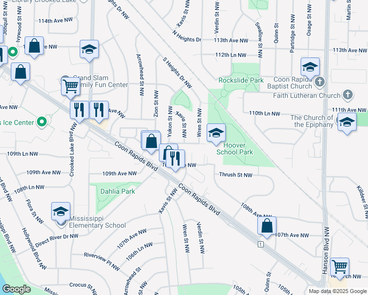 map of restaurants, bars, coffee shops, grocery stores, and more near 2460 110th Avenue Northwest in Coon Rapids