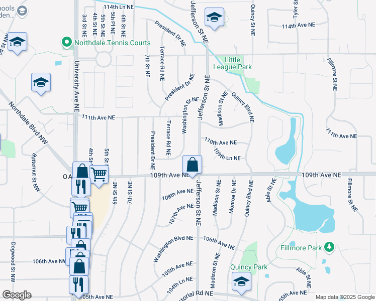 map of restaurants, bars, coffee shops, grocery stores, and more near 10953 Washington Street Northeast in Blaine