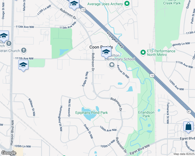 map of restaurants, bars, coffee shops, grocery stores, and more near 10964 Crane Street Northwest in Minneapolis