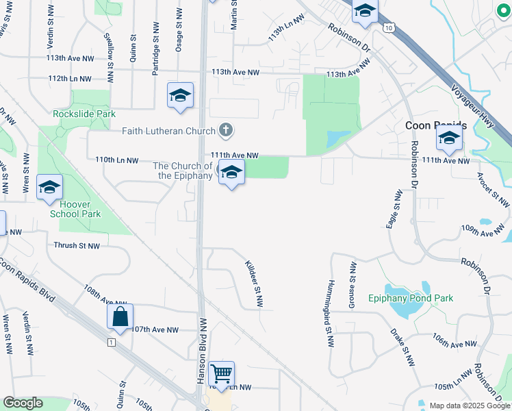 map of restaurants, bars, coffee shops, grocery stores, and more near 10955 Hanson Boulevard Northwest in Coon Rapids