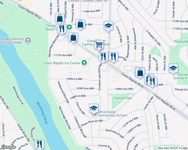 map of restaurants, bars, coffee shops, grocery stores, and more near 10930 Crooked Lake Boulevard Northwest in Coon Rapids