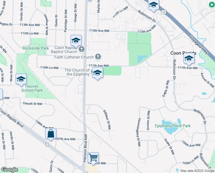 map of restaurants, bars, coffee shops, grocery stores, and more near 10955 Hanson Boulevard Northwest in Coon Rapids