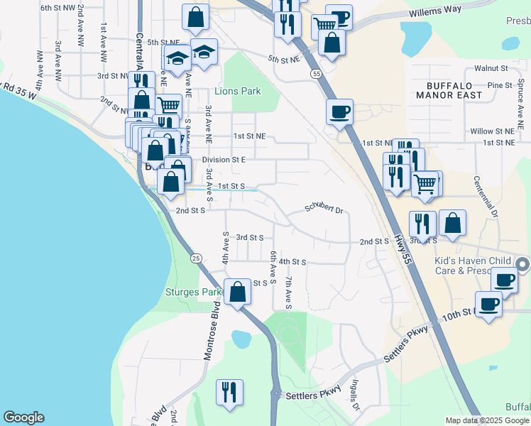 map of restaurants, bars, coffee shops, grocery stores, and more near 503 1/2 2nd Street South in Buffalo