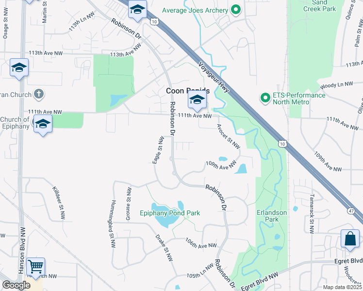 map of restaurants, bars, coffee shops, grocery stores, and more near 10958 Bluebird Street Northwest in Minneapolis