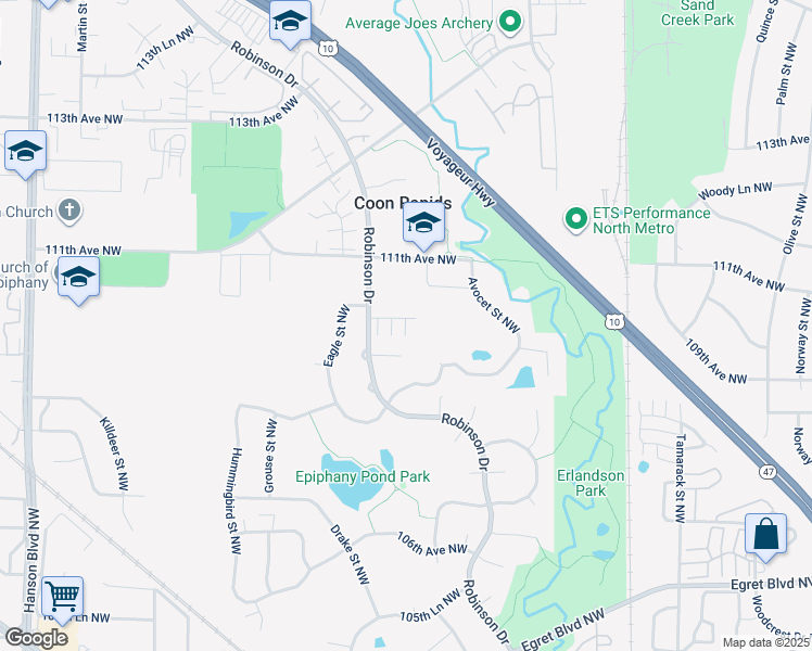 map of restaurants, bars, coffee shops, grocery stores, and more near 10958 Bluebird Street Northwest in Coon Rapids