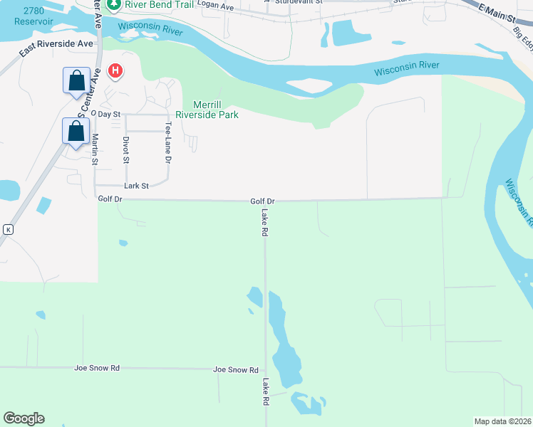 map of restaurants, bars, coffee shops, grocery stores, and more near N1474 Lake Road in Merrill