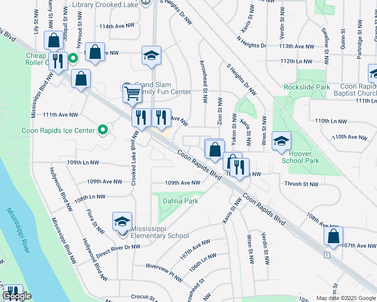 map of restaurants, bars, coffee shops, grocery stores, and more near 110th Lane in Coon Rapids