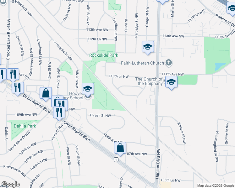 map of restaurants, bars, coffee shops, grocery stores, and more near 10964 Swallow Street Northwest in Coon Rapids