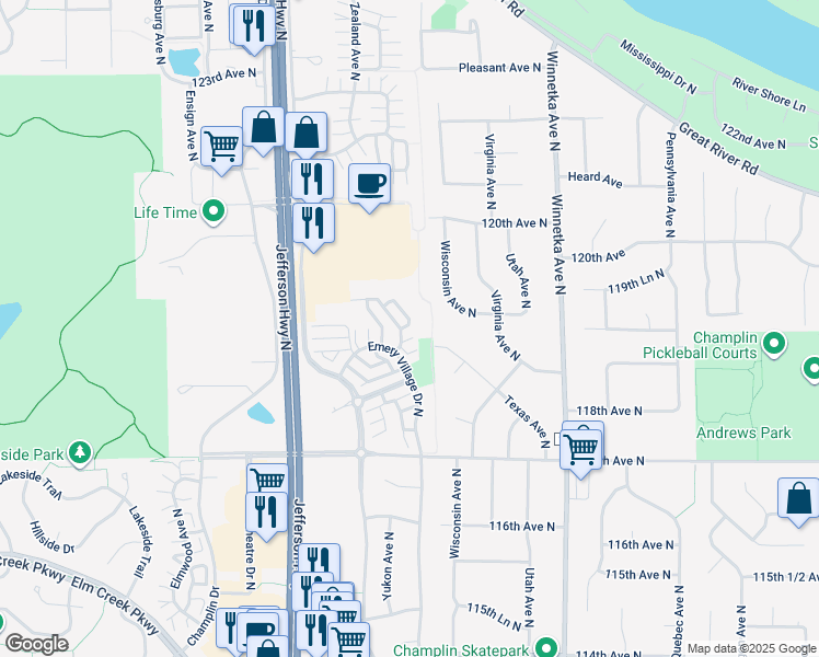 map of restaurants, bars, coffee shops, grocery stores, and more near 11808 Emery Village Drive North in Champlin