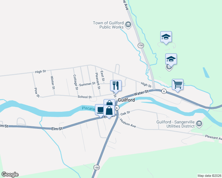 map of restaurants, bars, coffee shops, grocery stores, and more near 1 School Street in Guilford