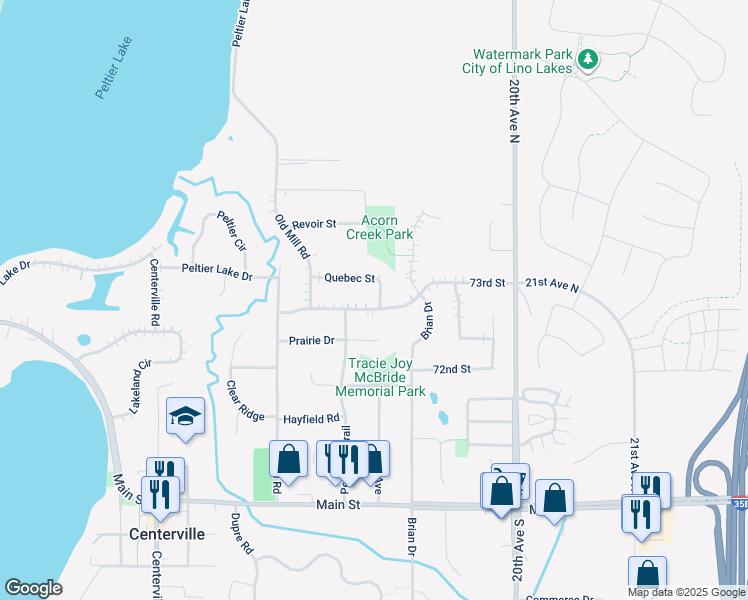 map of restaurants, bars, coffee shops, grocery stores, and more near 1882 73rd Street in Centerville