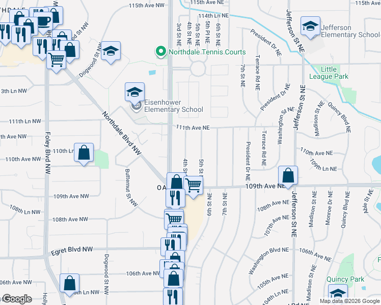 map of restaurants, bars, coffee shops, grocery stores, and more near 10938 5th Street Northeast in Blaine