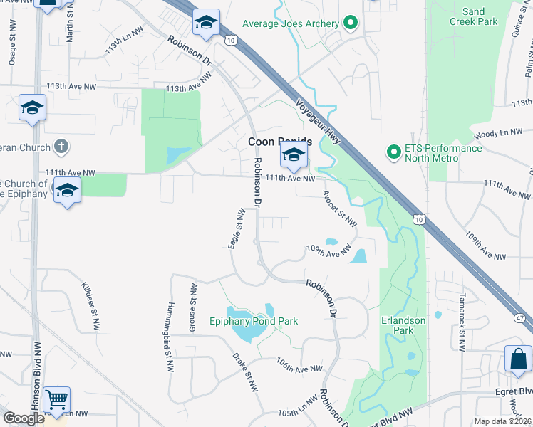 map of restaurants, bars, coffee shops, grocery stores, and more near 10982 Robinson Drive in Coon Rapids
