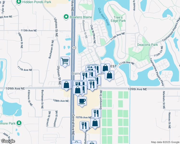 map of restaurants, bars, coffee shops, grocery stores, and more near 10950 Club West Parkway Northeast in Blaine