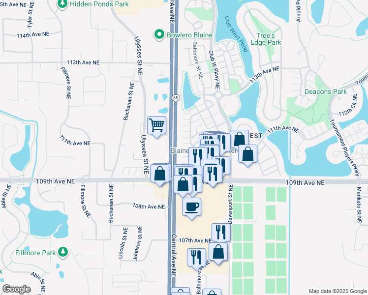 map of restaurants, bars, coffee shops, grocery stores, and more near 10964 Baltimore Street Northeast in Blaine