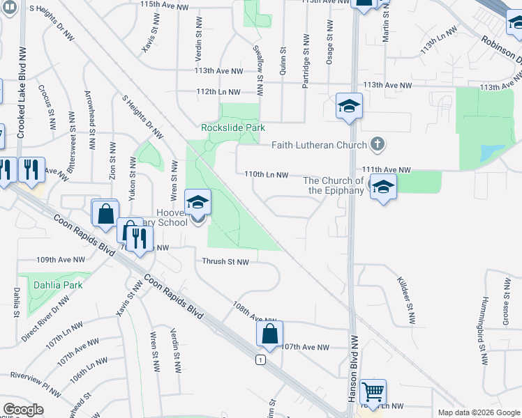 map of restaurants, bars, coffee shops, grocery stores, and more near 10964 Swallow Street Northwest in Coon Rapids