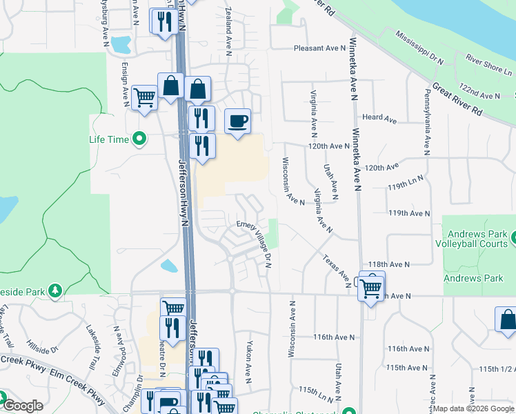 map of restaurants, bars, coffee shops, grocery stores, and more near 11808 Emery Village Drive North in Champlin