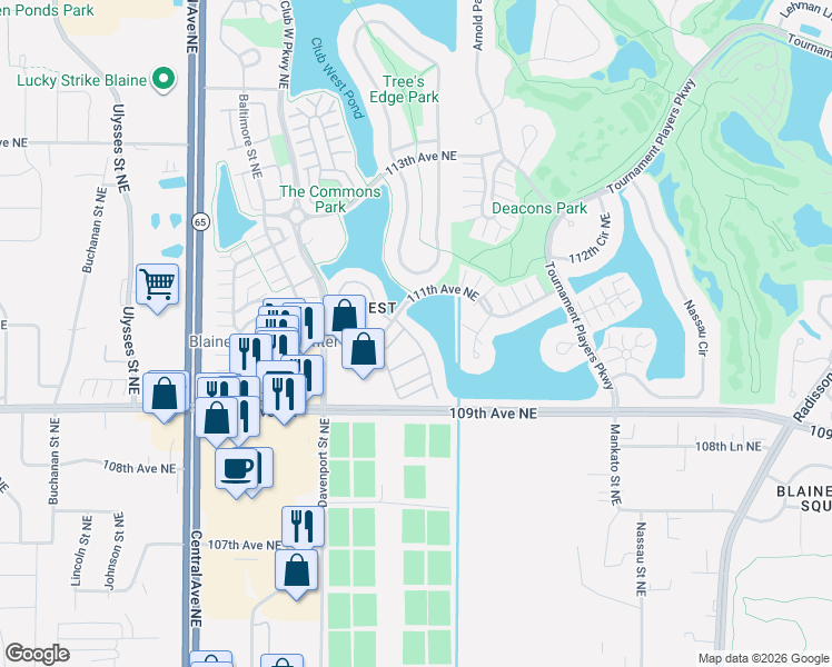 map of restaurants, bars, coffee shops, grocery stores, and more near 11031 Goodhue Street Northeast in Blaine