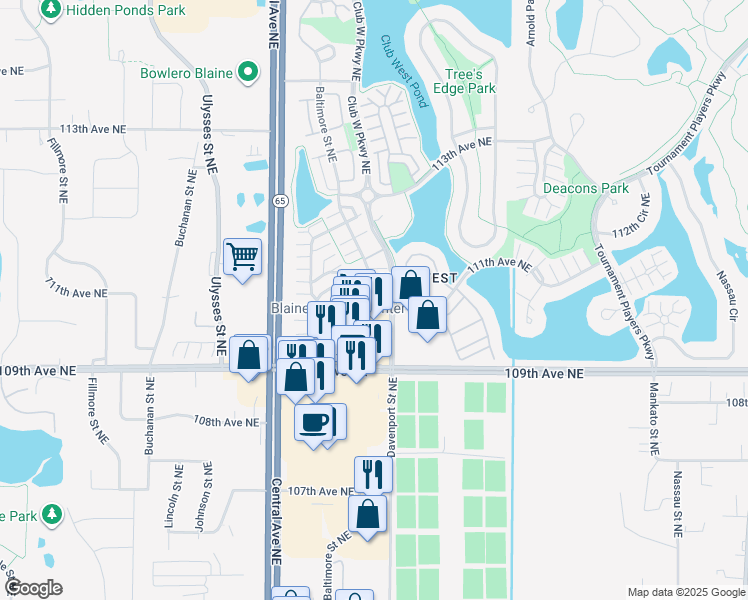 map of restaurants, bars, coffee shops, grocery stores, and more near 11105 Baltimore Street Northeast in Blaine