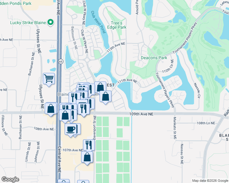 map of restaurants, bars, coffee shops, grocery stores, and more near 11080 Goodhue Street Northeast in Blaine