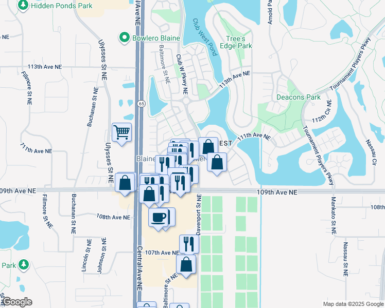 map of restaurants, bars, coffee shops, grocery stores, and more near 11145 Baltimore Street Northeast in Blaine