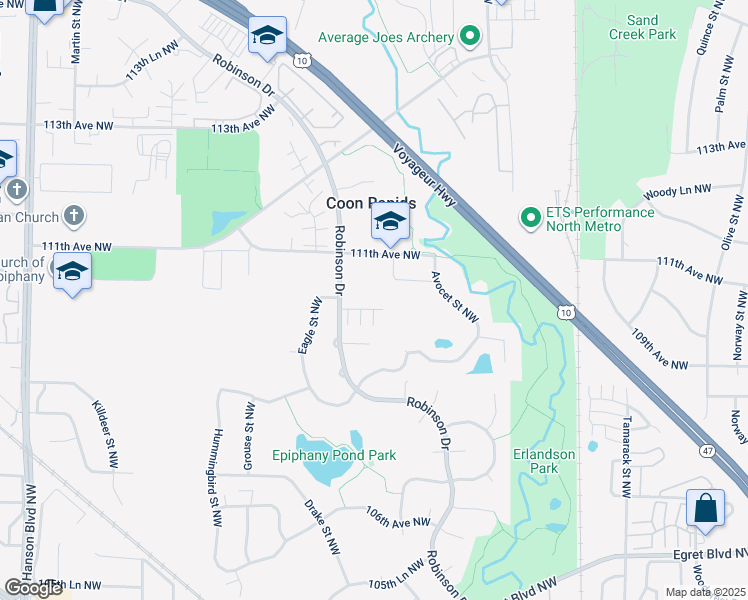 map of restaurants, bars, coffee shops, grocery stores, and more near 11089 Robinson Drive in Coon Rapids