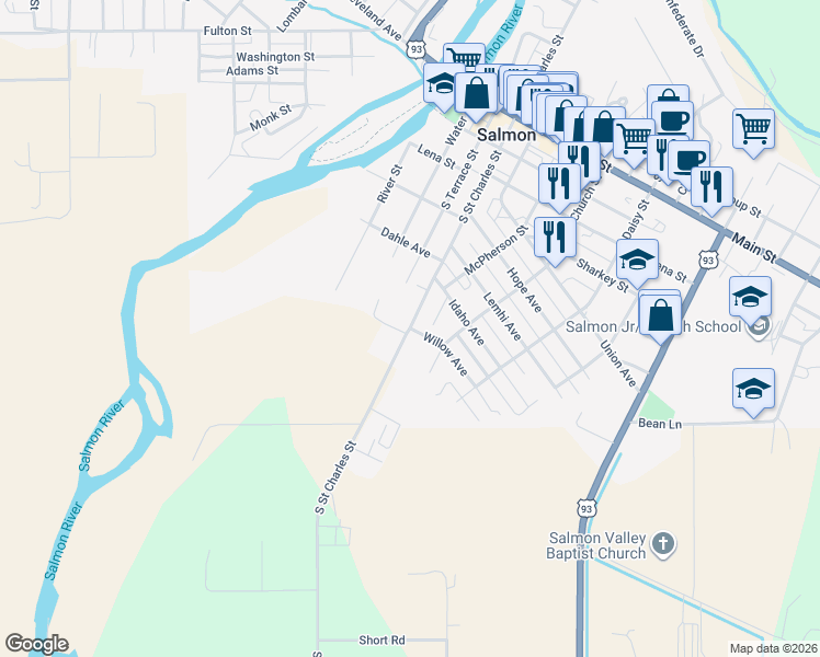 map of restaurants, bars, coffee shops, grocery stores, and more near South Saint Charles Street in Salmon