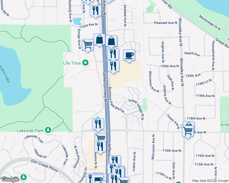 map of restaurants, bars, coffee shops, grocery stores, and more near 11942 Business Park Boulevard North in Champlin