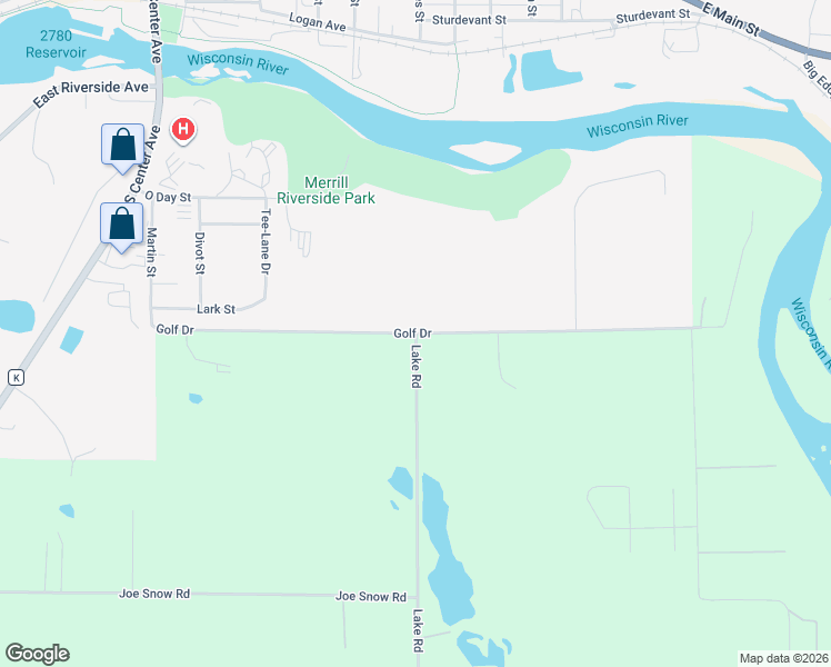 map of restaurants, bars, coffee shops, grocery stores, and more near W4899 Golf Drive in Merrill