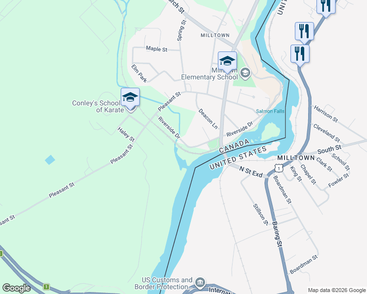 map of restaurants, bars, coffee shops, grocery stores, and more near 58 Riverside Drive in Saint Stephen