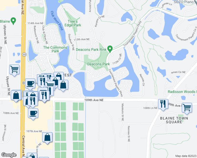 map of restaurants, bars, coffee shops, grocery stores, and more near 1872 111th Avenue Northeast in Blaine