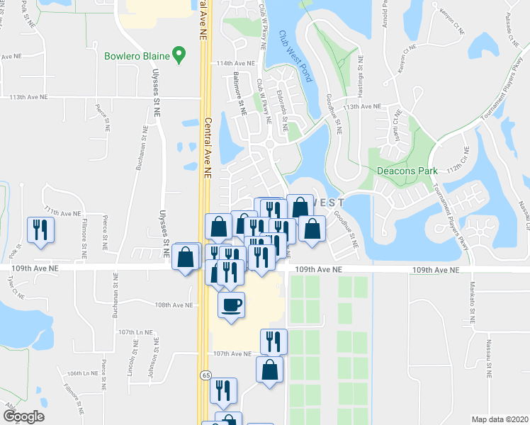 map of restaurants, bars, coffee shops, grocery stores, and more near 11145 Baltimore Street Northeast in Blaine