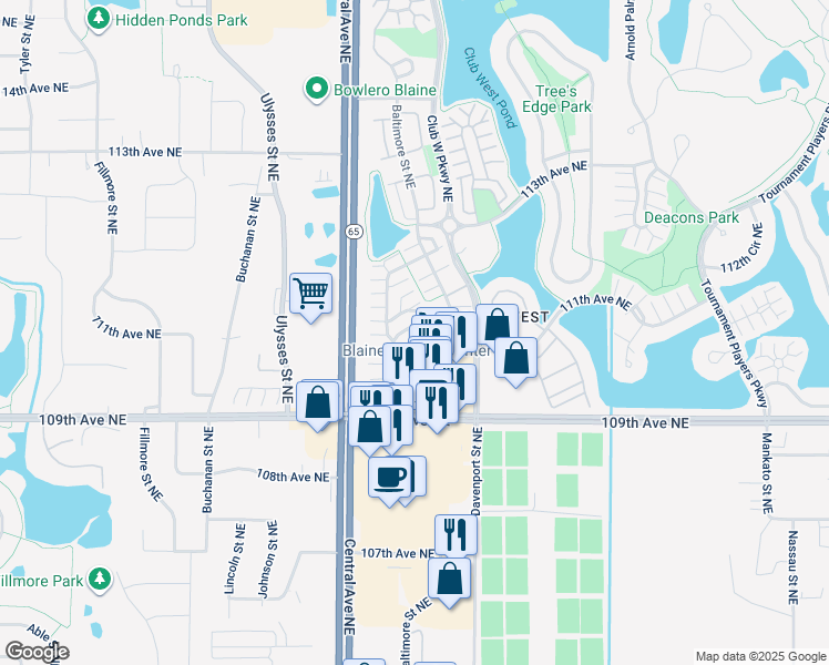 map of restaurants, bars, coffee shops, grocery stores, and more near 1471 111th Drive Northeast in Blaine