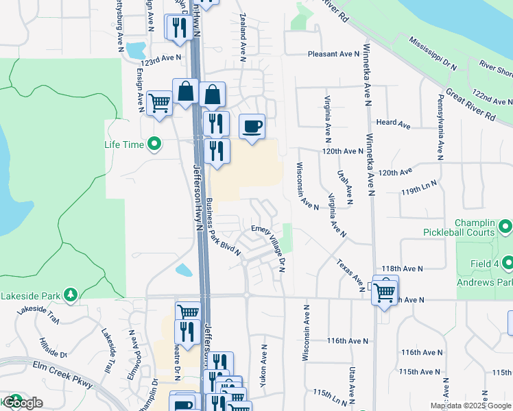 map of restaurants, bars, coffee shops, grocery stores, and more near 11918 Business Park Boulevard North in Champlin