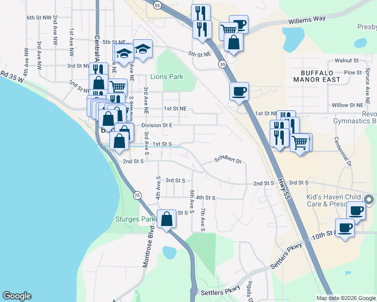 map of restaurants, bars, coffee shops, grocery stores, and more near 418 1st Street South in Buffalo