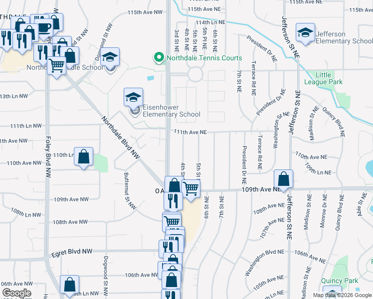 map of restaurants, bars, coffee shops, grocery stores, and more near 11019 4th Street Northeast in Blaine