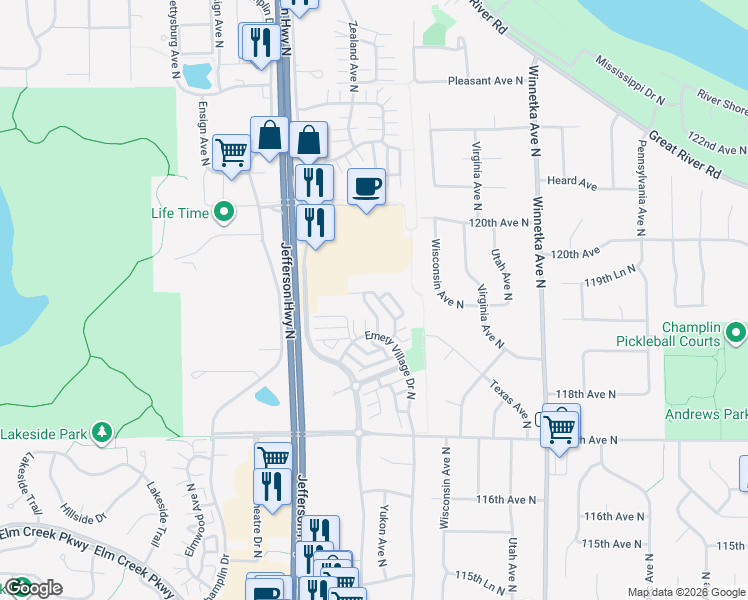 map of restaurants, bars, coffee shops, grocery stores, and more near 11918 Business Park Boulevard North in Champlin