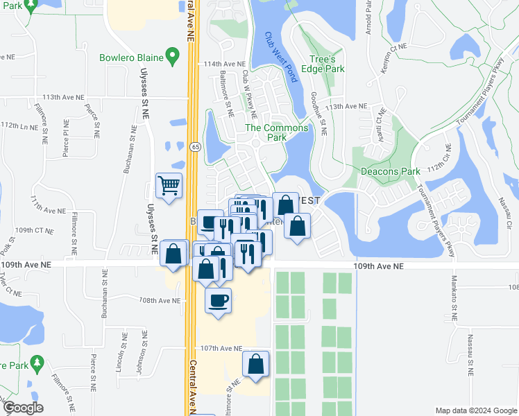 map of restaurants, bars, coffee shops, grocery stores, and more near 11145 Baltimore Street Northeast in Blaine